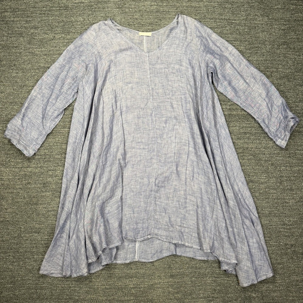 CP Shades Linen Tunic Top Women Medium Light Blue Shark Bite Hem Lagenlook Shirt